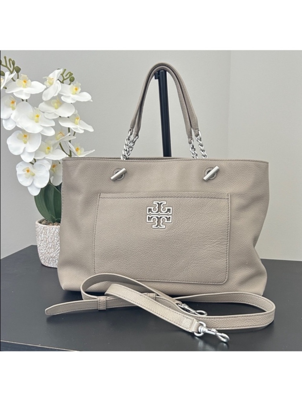 Tory Burch Taupe Pebbled Leather Tote with Chain Handles